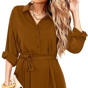 Amoretu Women Tunic Dress with Pocket Tie Waist Casual Chiffon Dresses